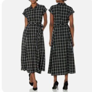 Calvin Klein Gauze Windowpane Midi Belted Shirtdress